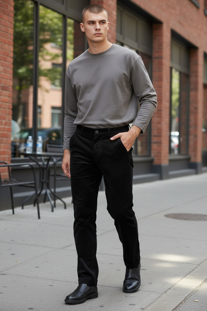 Παντελόνι κοτλε σε φαρδιά γραμμή μονόχρωμο ελαστικό