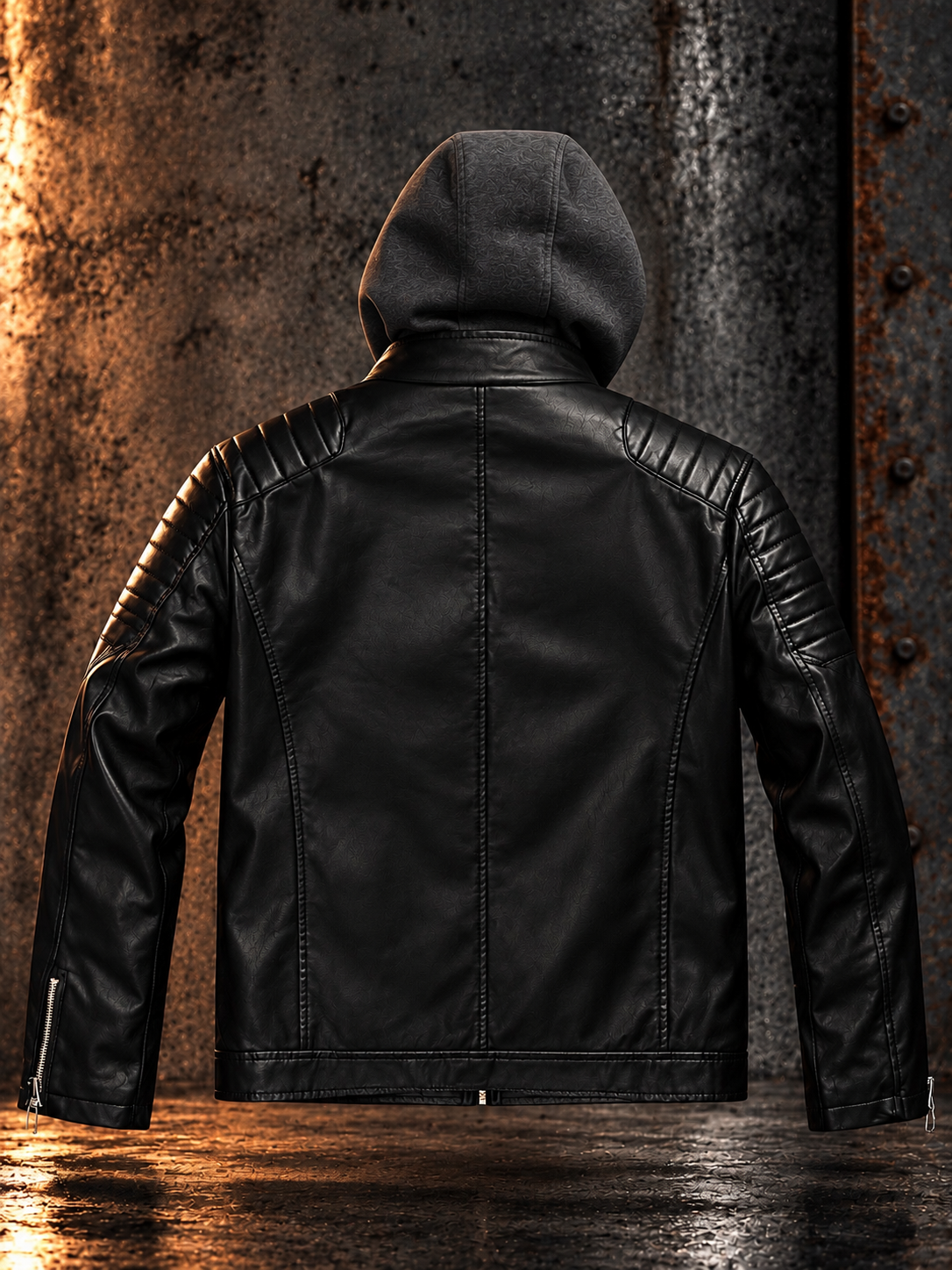 Μπουφάν Biker Δερματίνη με χοντρή γούνα και κουκούλα
